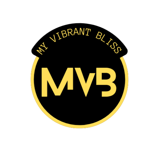 Logo with "My Vibrant Bliss" in golden yellow, encircled text around bold "MVB" initials on a black background.